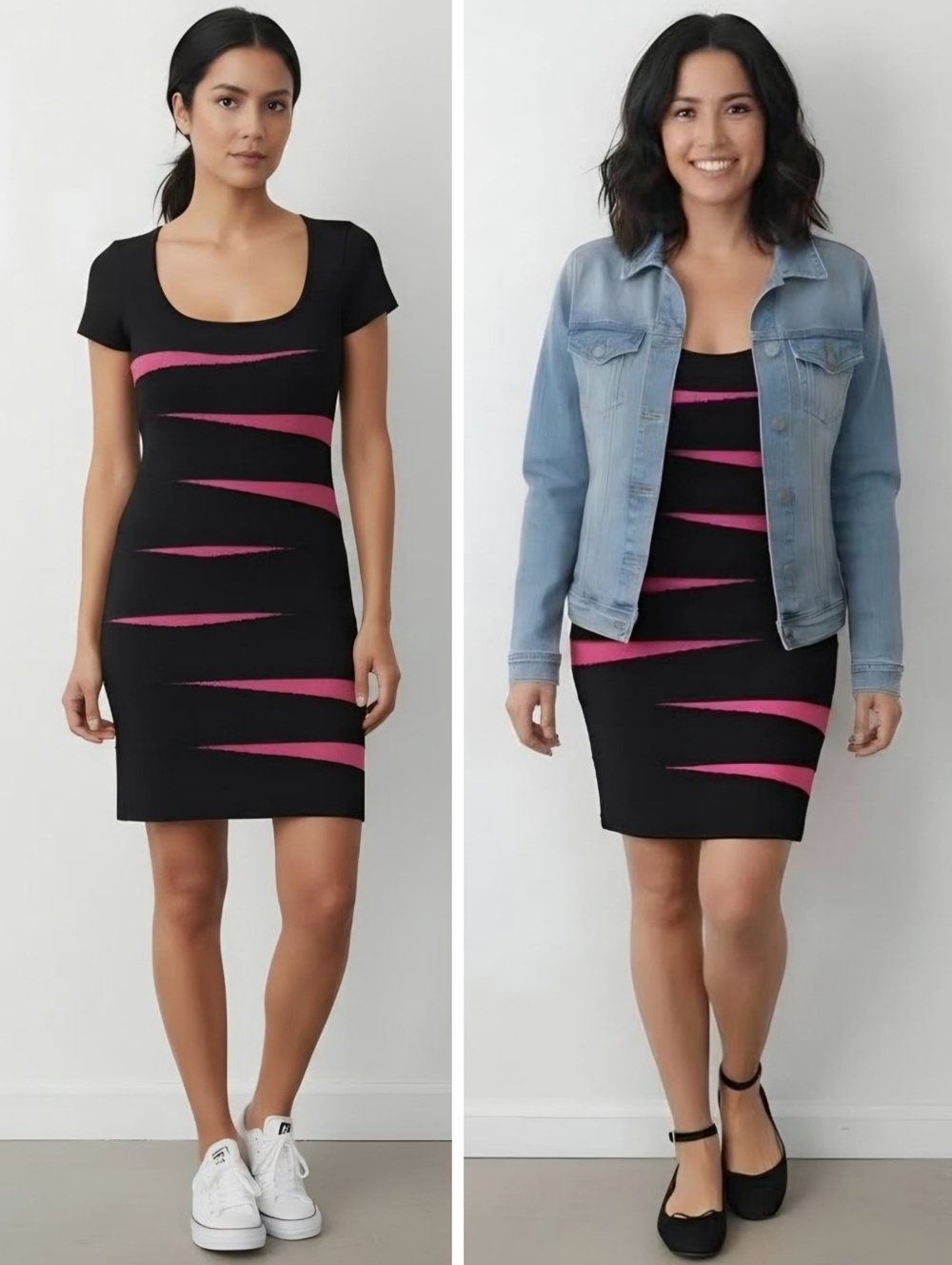 Pink Rose Sweater Knit Bodycon Black Barbie Pink Stripes Retro Party Mini Dress